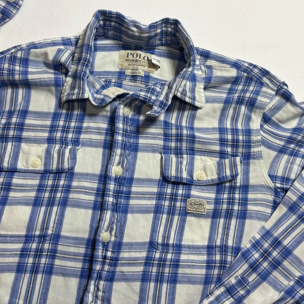 Polo Denim & Supply Ralph Lauren Flannel Shirt Large Blue White Plaid Cotton L